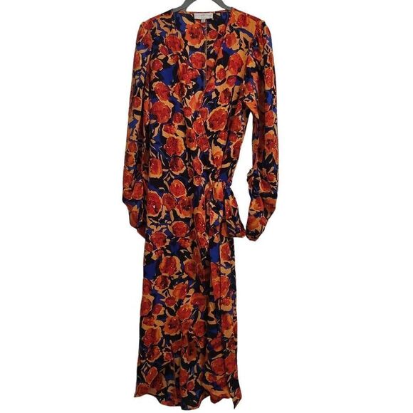 Never Fully Dressed Navy & Orange Floral Wrap Dress Size 8 Dressy Multi-Tie - Picture 6 of 10